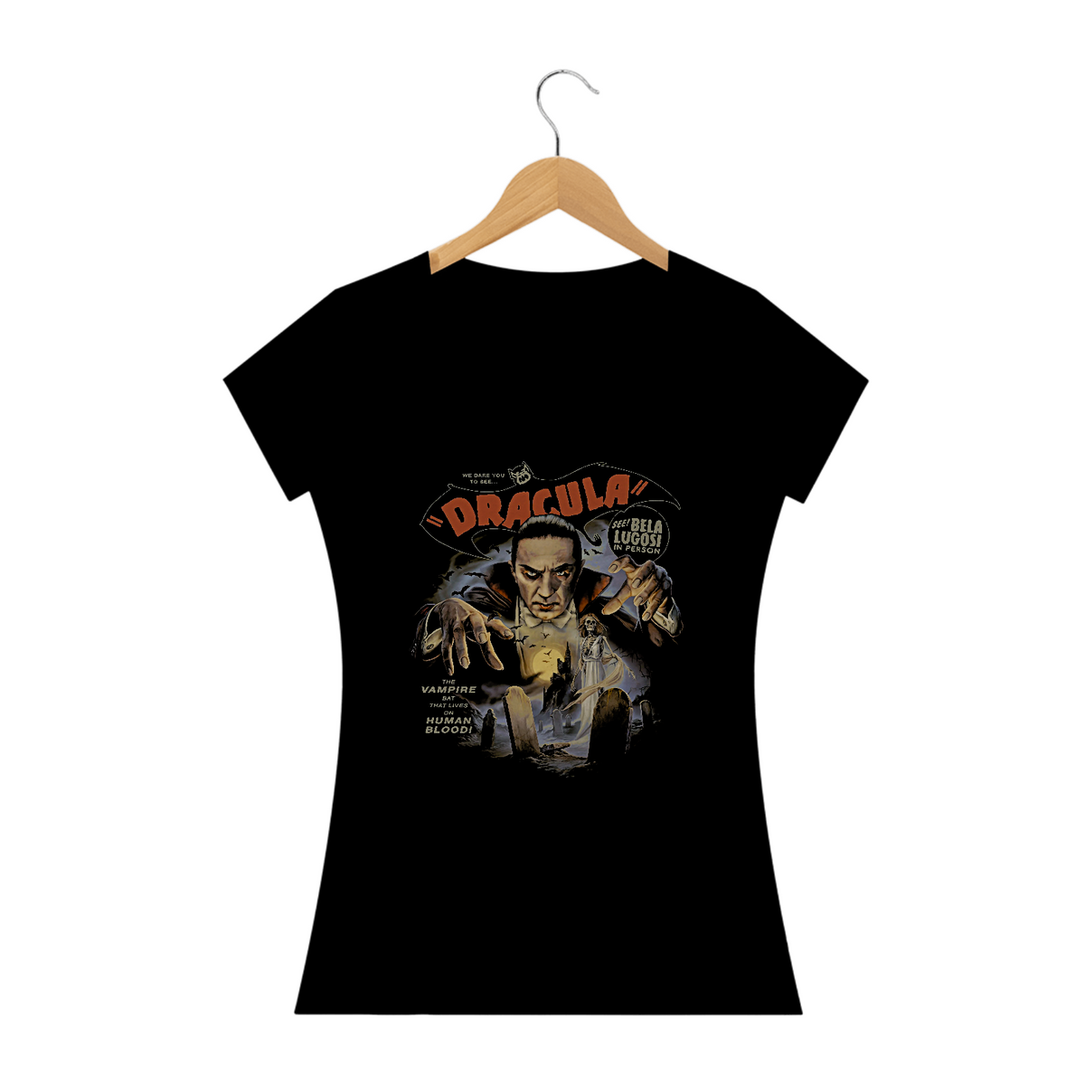 Nome do produto: Camiseta Feminina Dracula Bela Lugosi Estampa Vampiro Filme Terror