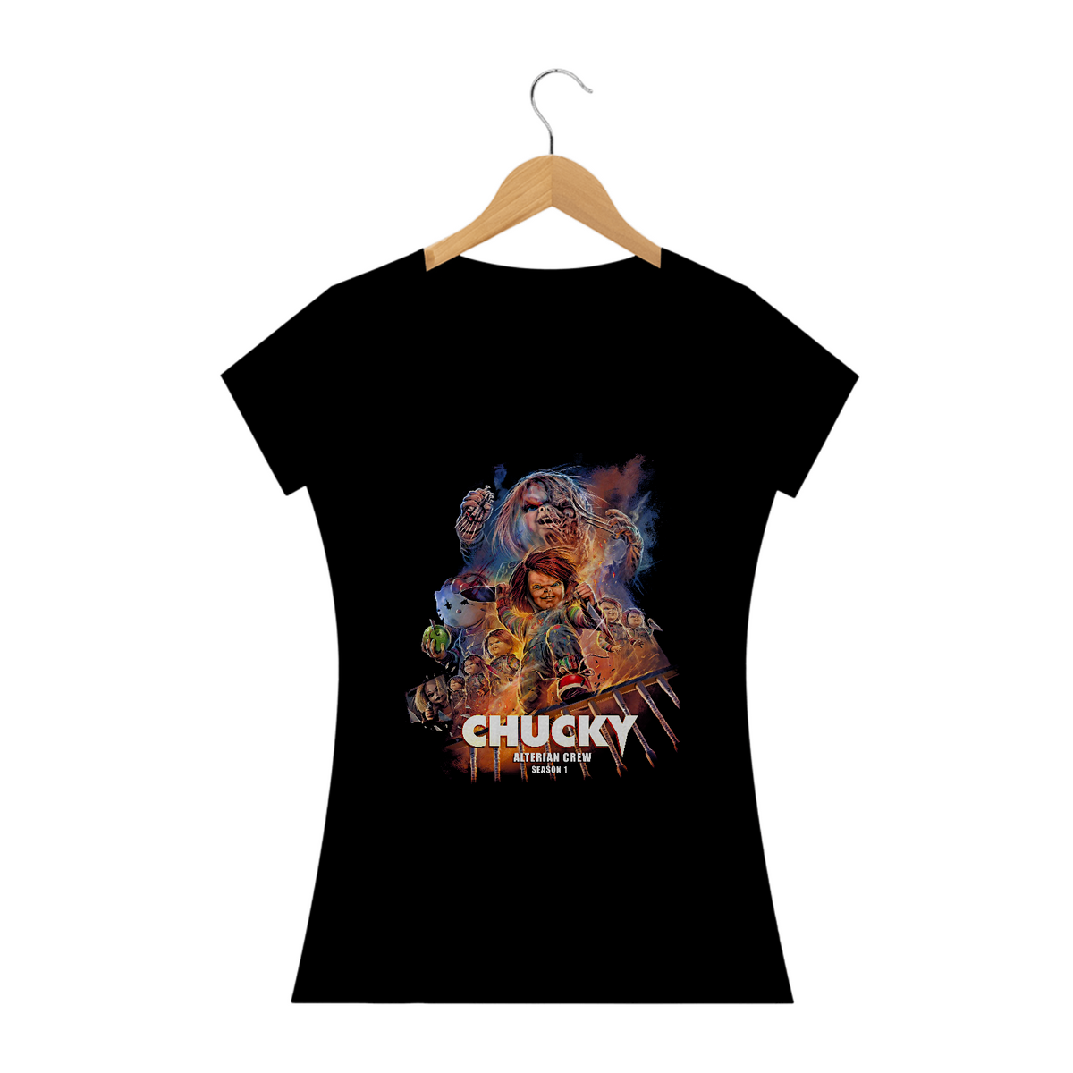 Nome do produto: Camiseta Feminina Chucky Série Estampa ROCK HORROR 