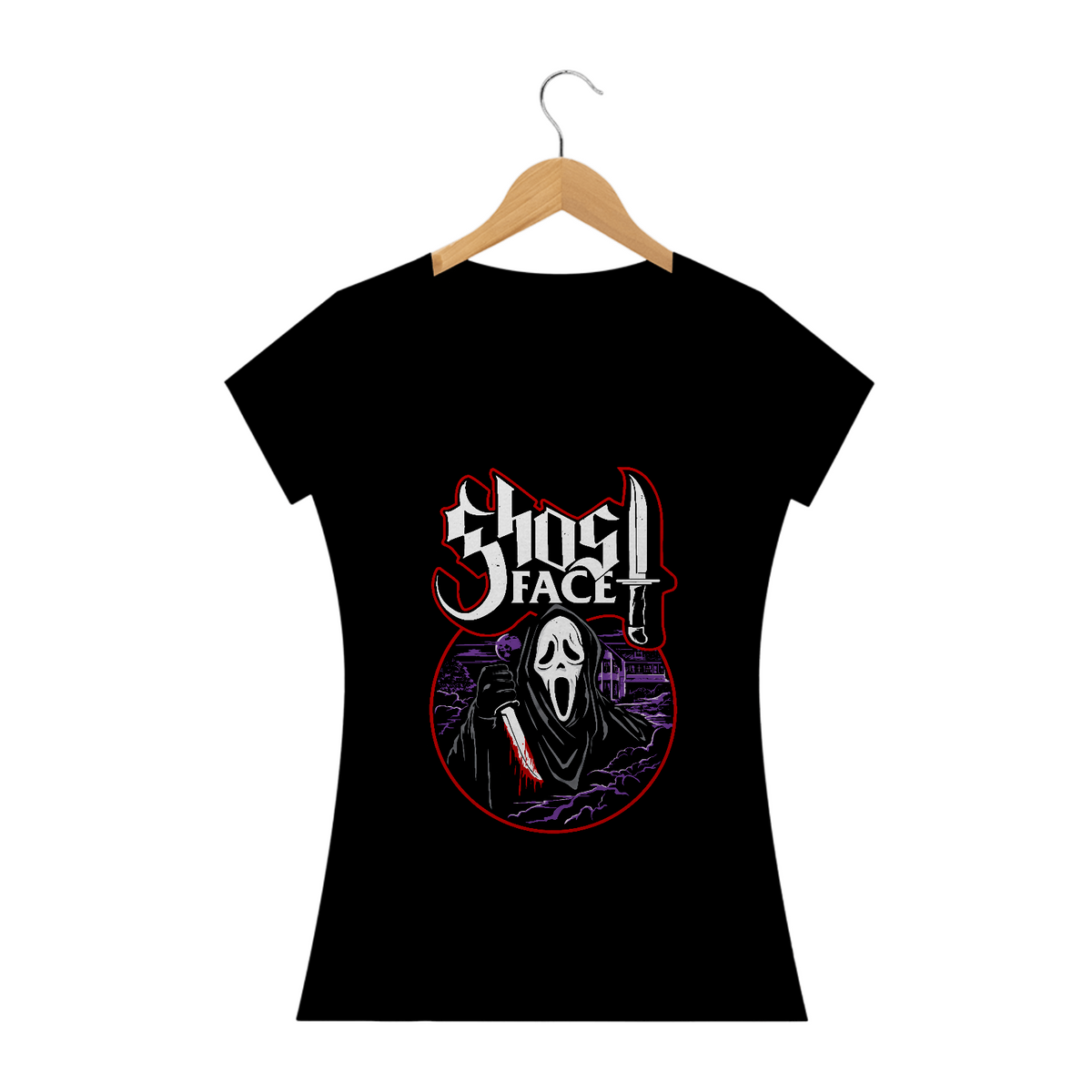 Nome do produto: Camiseta Feminina Ghostface Estampa Pânico ROCK HORROR 