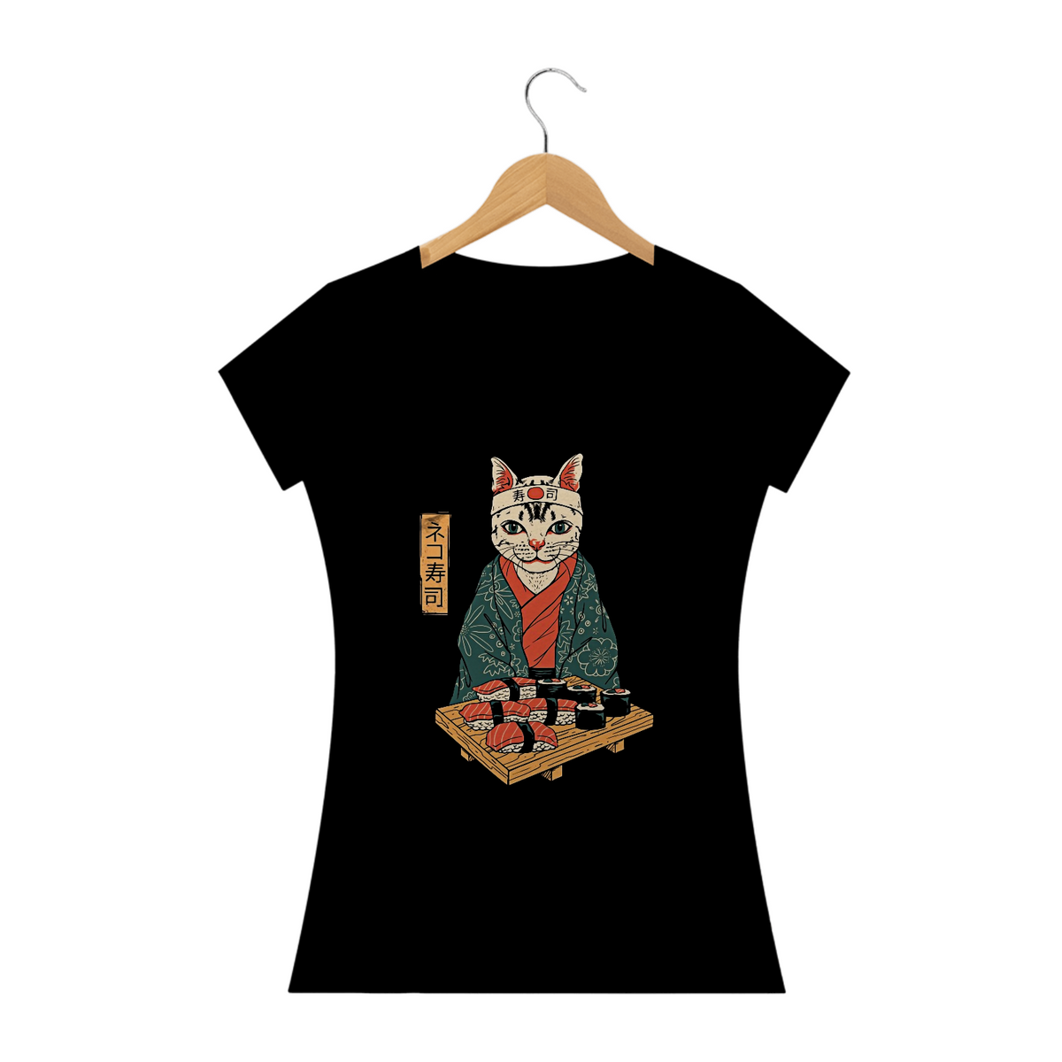 Nome do produto: Camiseta Feminina Gato Sushi Estampa Japonesa