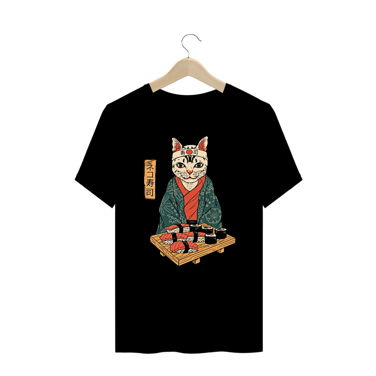 Nome do produto: Camiseta Plus Size Gato Sushi Estampa Japonesa