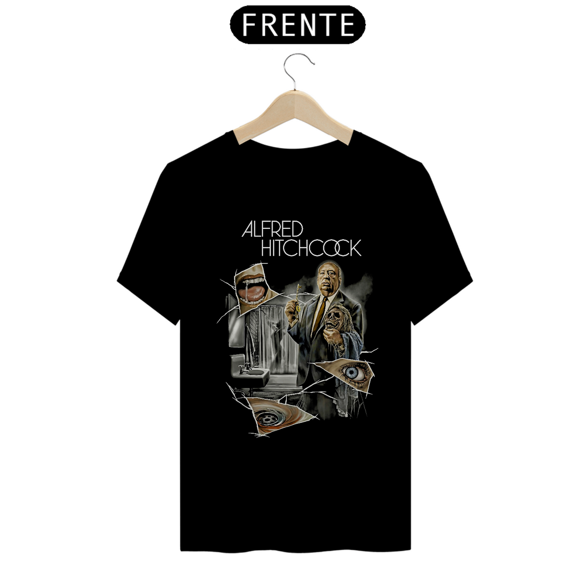 Nome do produto: Camiseta Alfred Hitchcock Estampa Filme Terror 