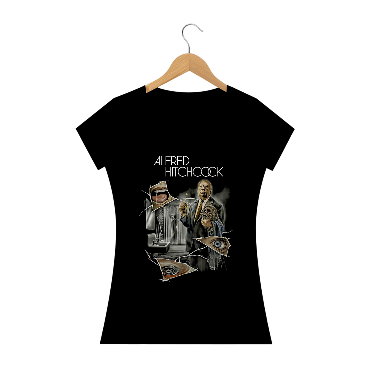 Nome do produto: Camiseta Feminina Alfred Hitchcock Estampa Filme Terror 