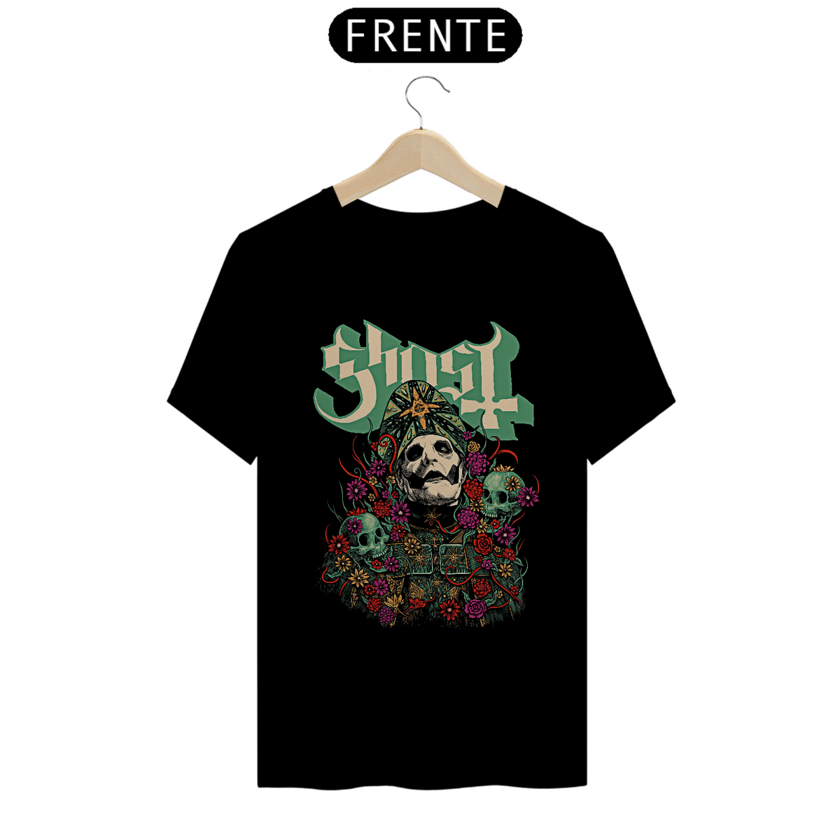 Nome do produto: Camiseta Ghost Caveiras e Flores Estampa ROCK