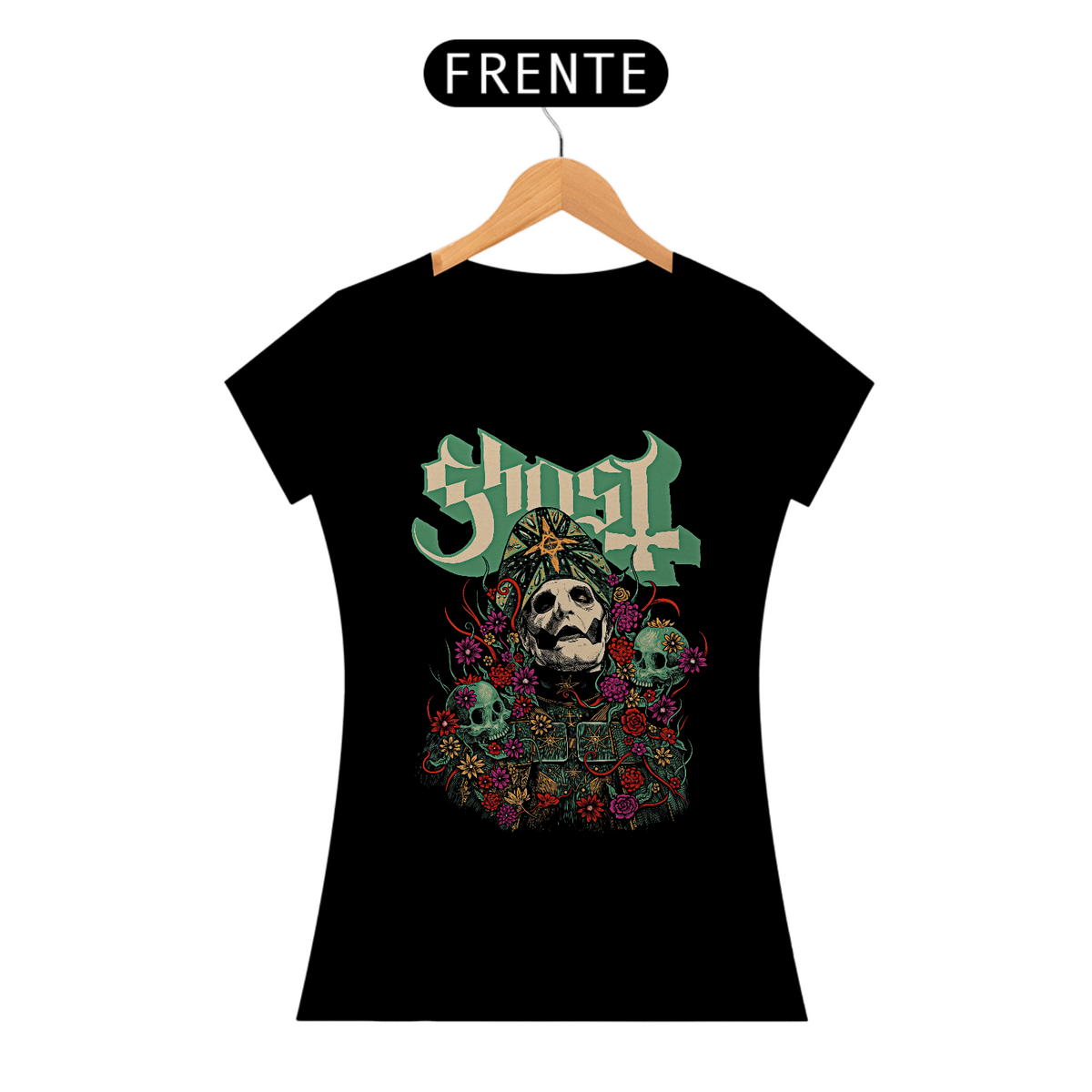 Nome do produto: Camiseta Feminina Ghost Caveiras e Flores Estampa ROCK