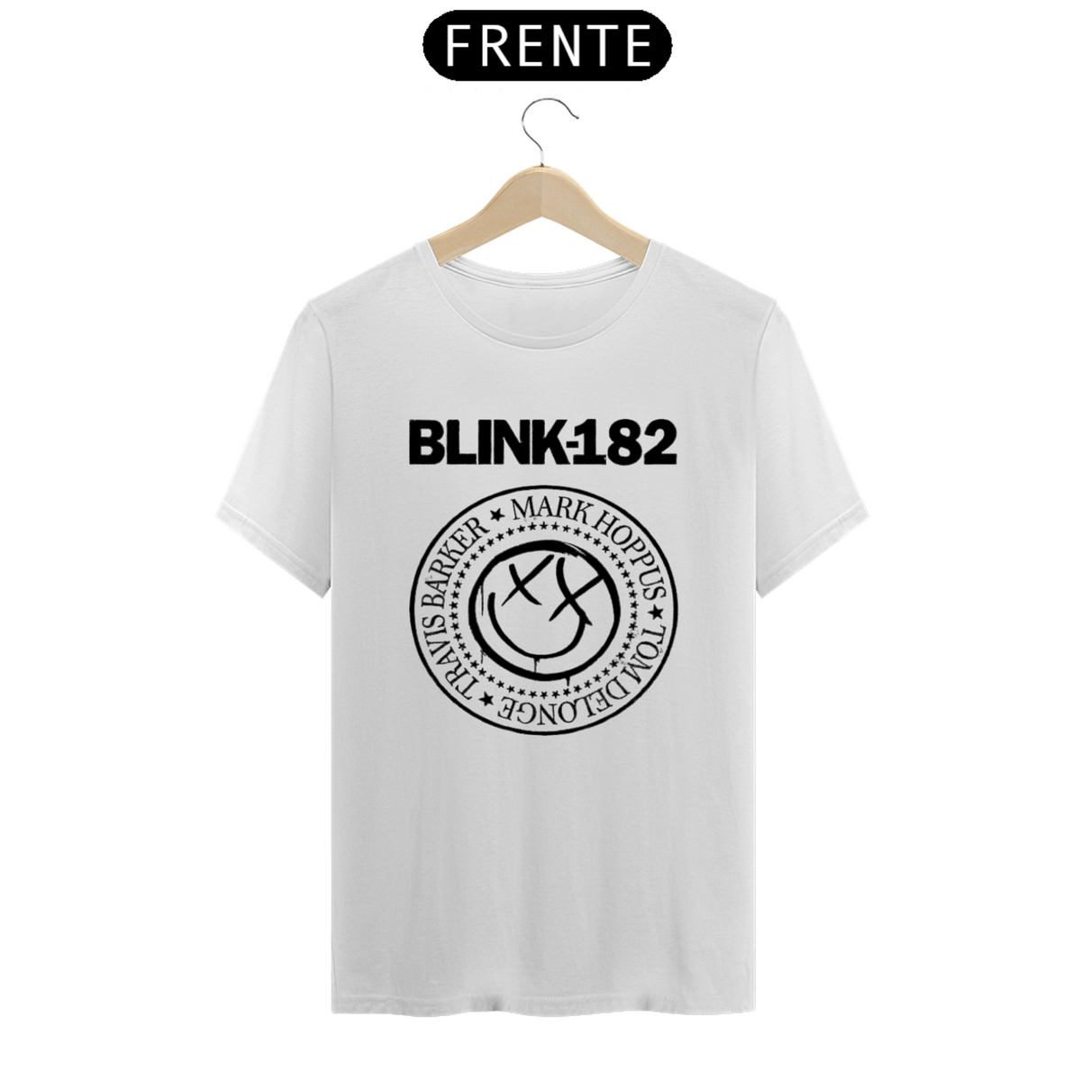 Nome do produto: Camiseta blink 182 Mark Hoppus, Travis Barker, Tom Delonge, inspirada  na banda Ramones Logo Preto