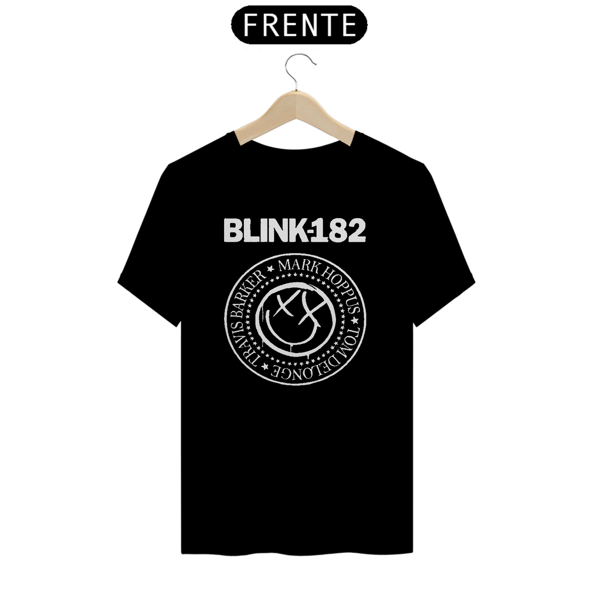 Nome do produto: Camiseta blink 182 Mark Hoppus, Travis Barker, Tom Delonge, inspirada  na banda Ramones ,Logo Branco
