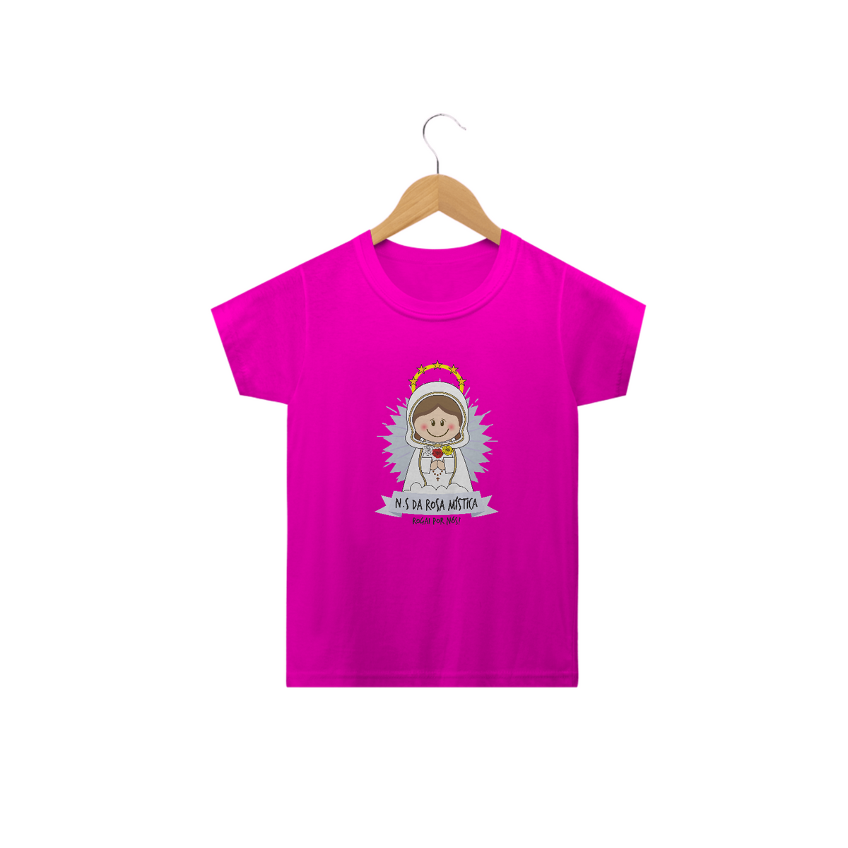 Nome do produto: Camiseta Infantil Coleção Santinhos N.S. da Rosa Mística