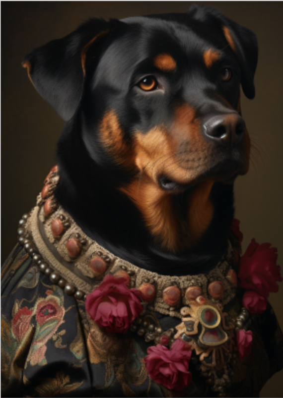 Rottweiler Elegante: Colar de Pérolas e Rosas