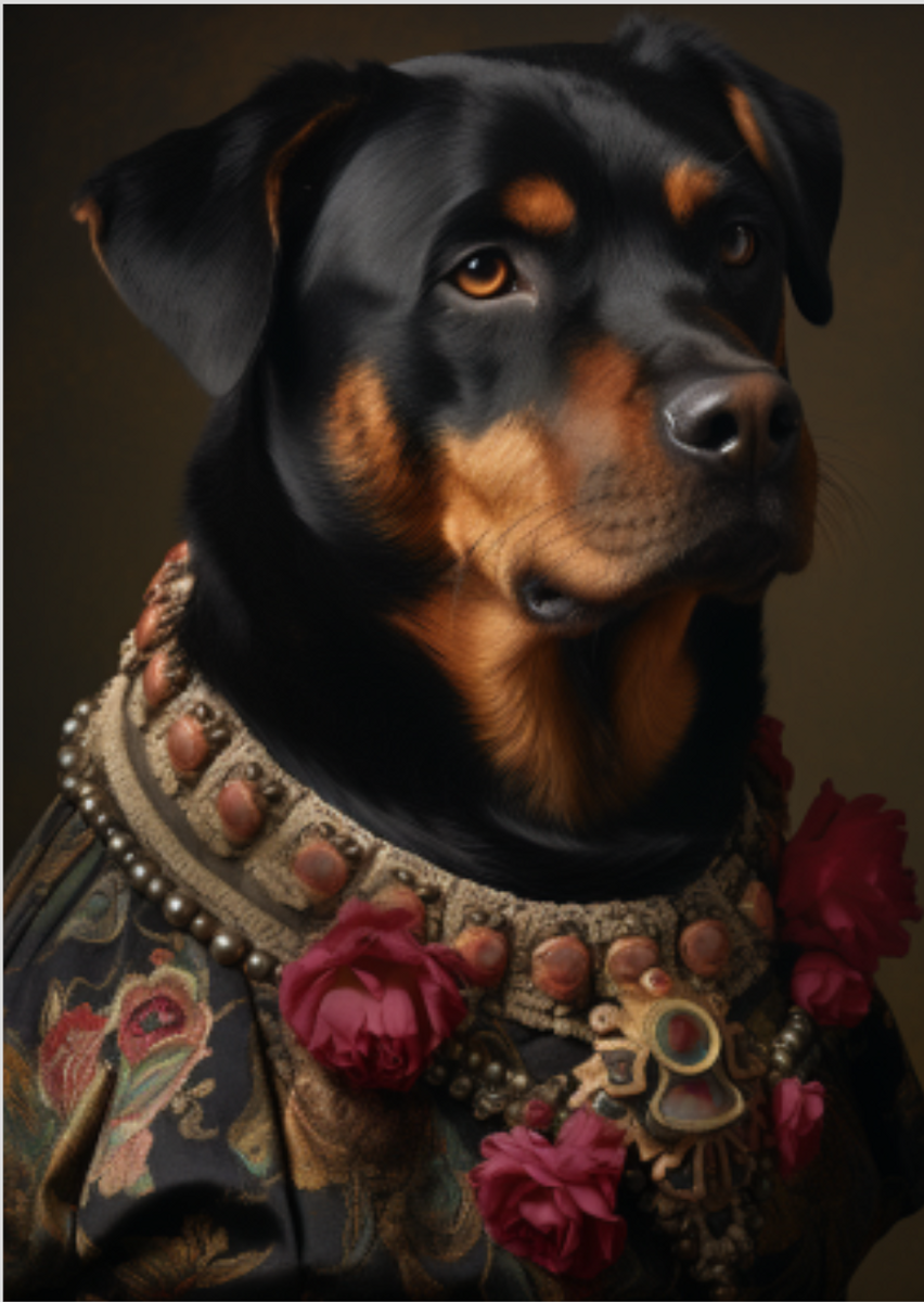 Nome do produto: Rottweiler Elegante: Colar de Pérolas e Rosas