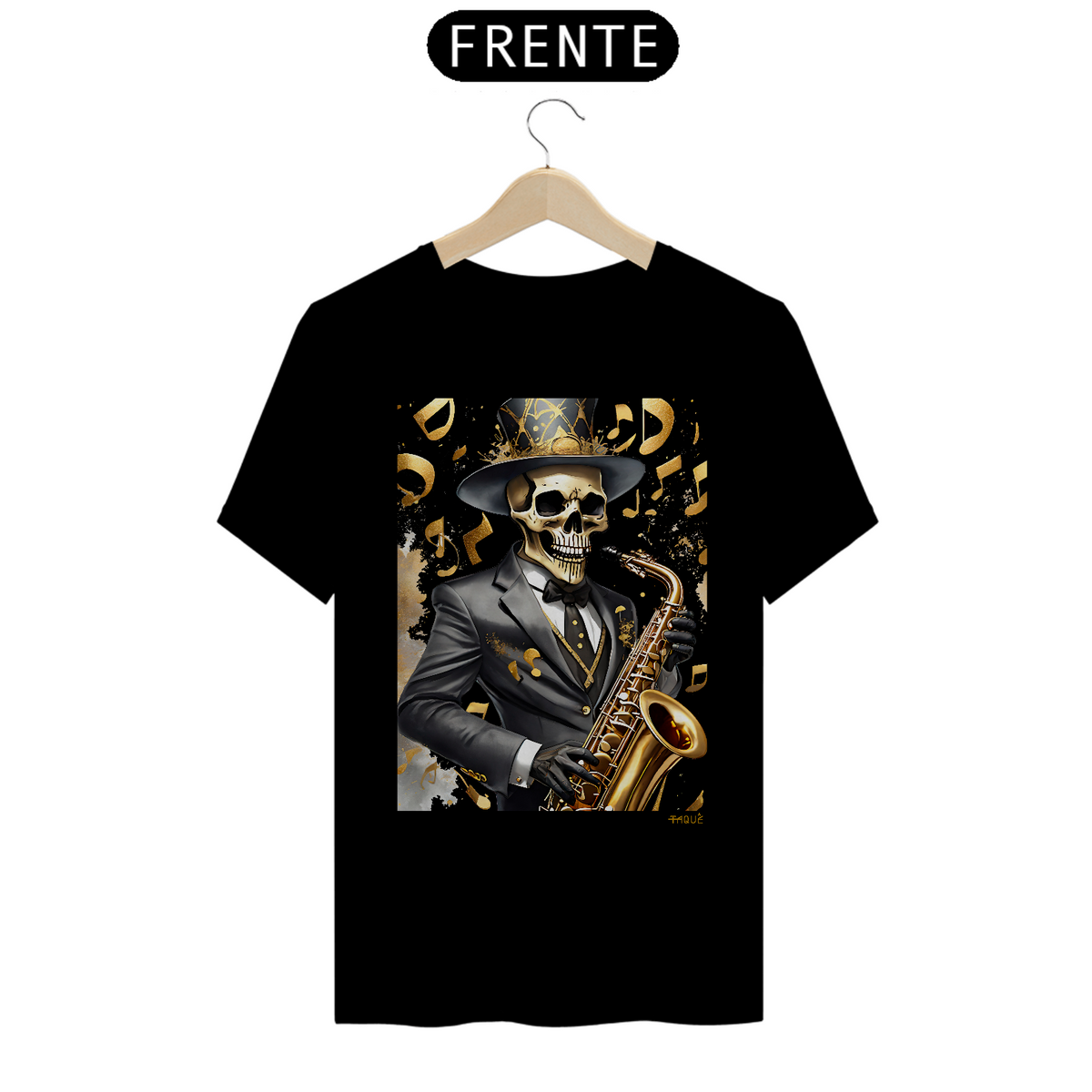 Nome do produto: Camiseta Taquê Caveira Saxofonista