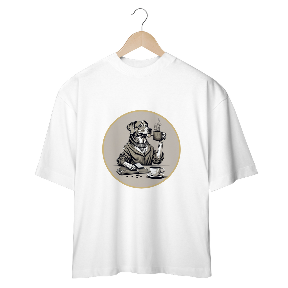 Nome do produto: CAMISETA OVERSIZED DOG, GOLDEN COFFEE OVAL PB