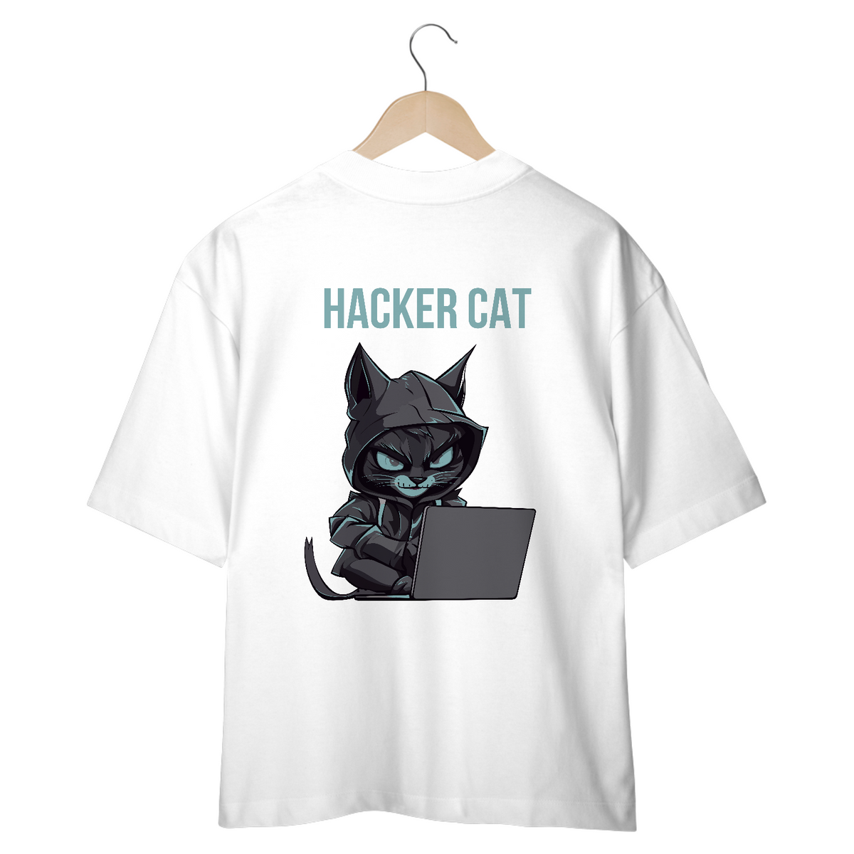 Nome do produto: CAMISETA OVERSIZED COSTAS, HACKER CAT 