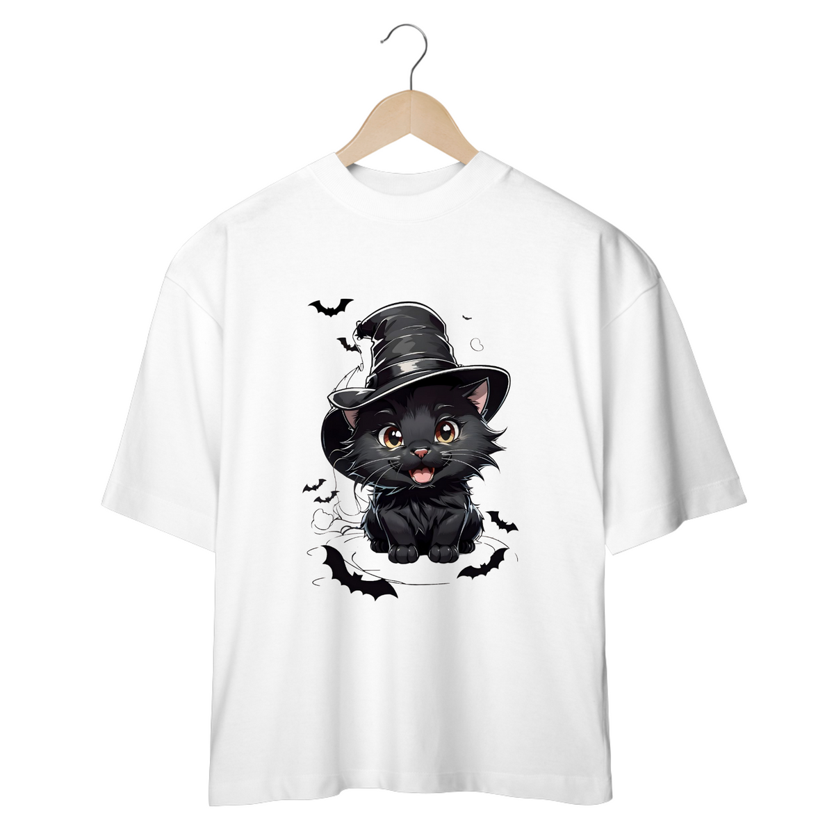 Nome do produto: CAMISETA OVERSIZED, BLACK CAT HALLOWEEN