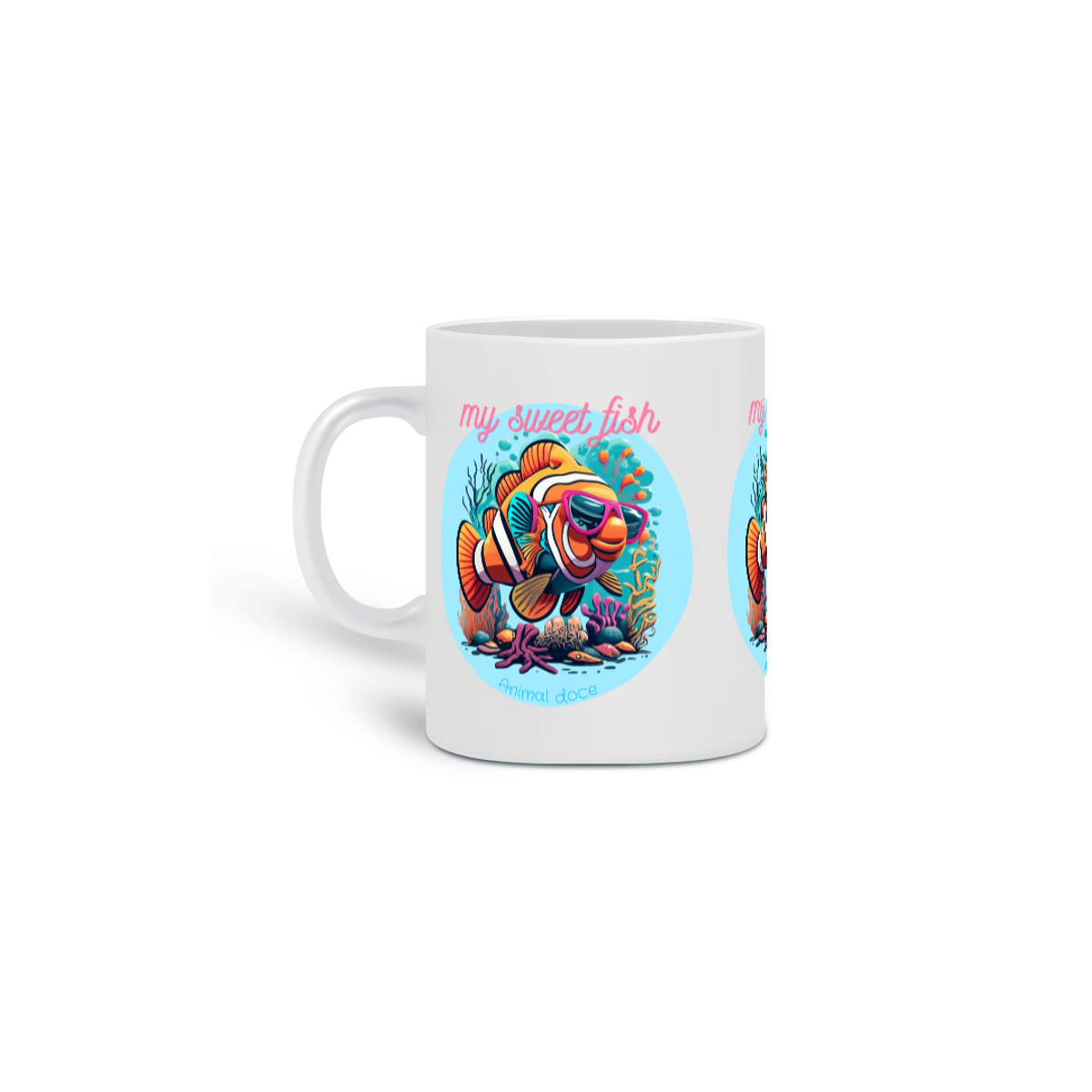 Nome do produto: CANECA PERSONALIZADA CRIATIVA EM CERÂMICA, 325ML C/03 LADOS MY SWEET FISH