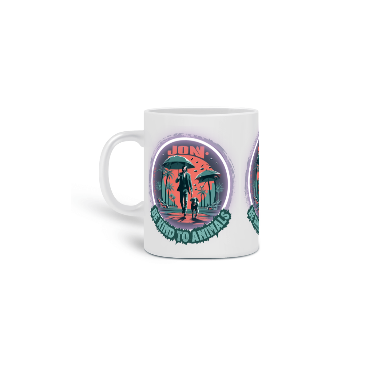 Nome do produto: CANECA PERSONALIZADA CRIATIVA EM CERÂMICA, 325ML C/03 LADOS LINHA FILME JOHN WICH DOG BE KIND TO ANIMALS