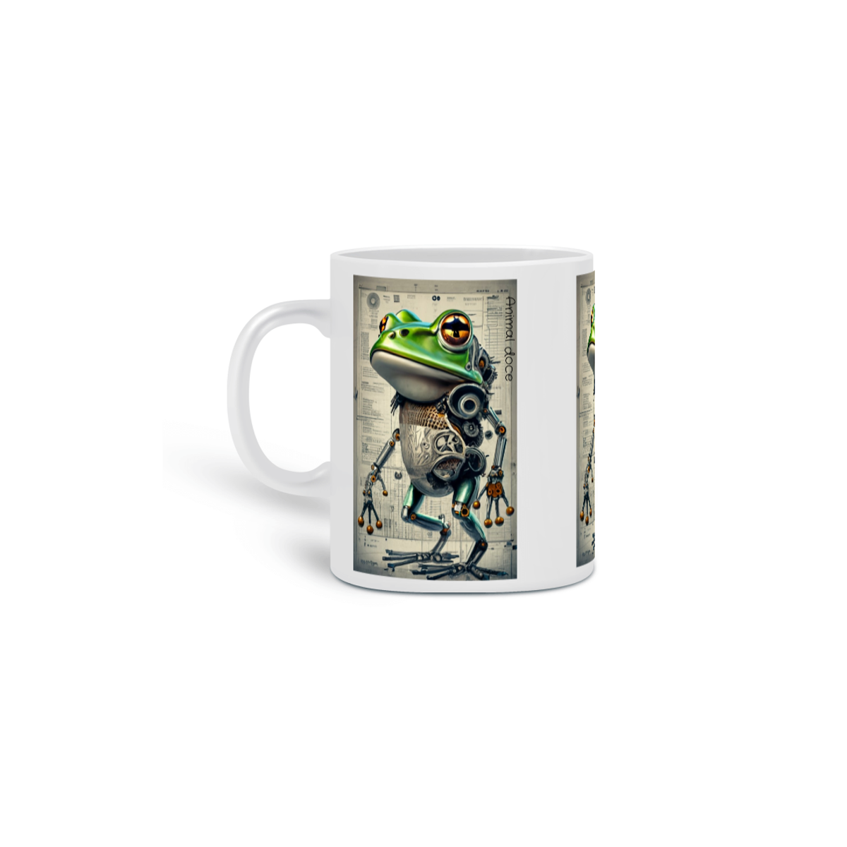 Nome do produto: CANECA PERSONALIZADA CRIATIVA EM CERÂMICA, 325ML C/03 LADOS ROBOTIC FROG