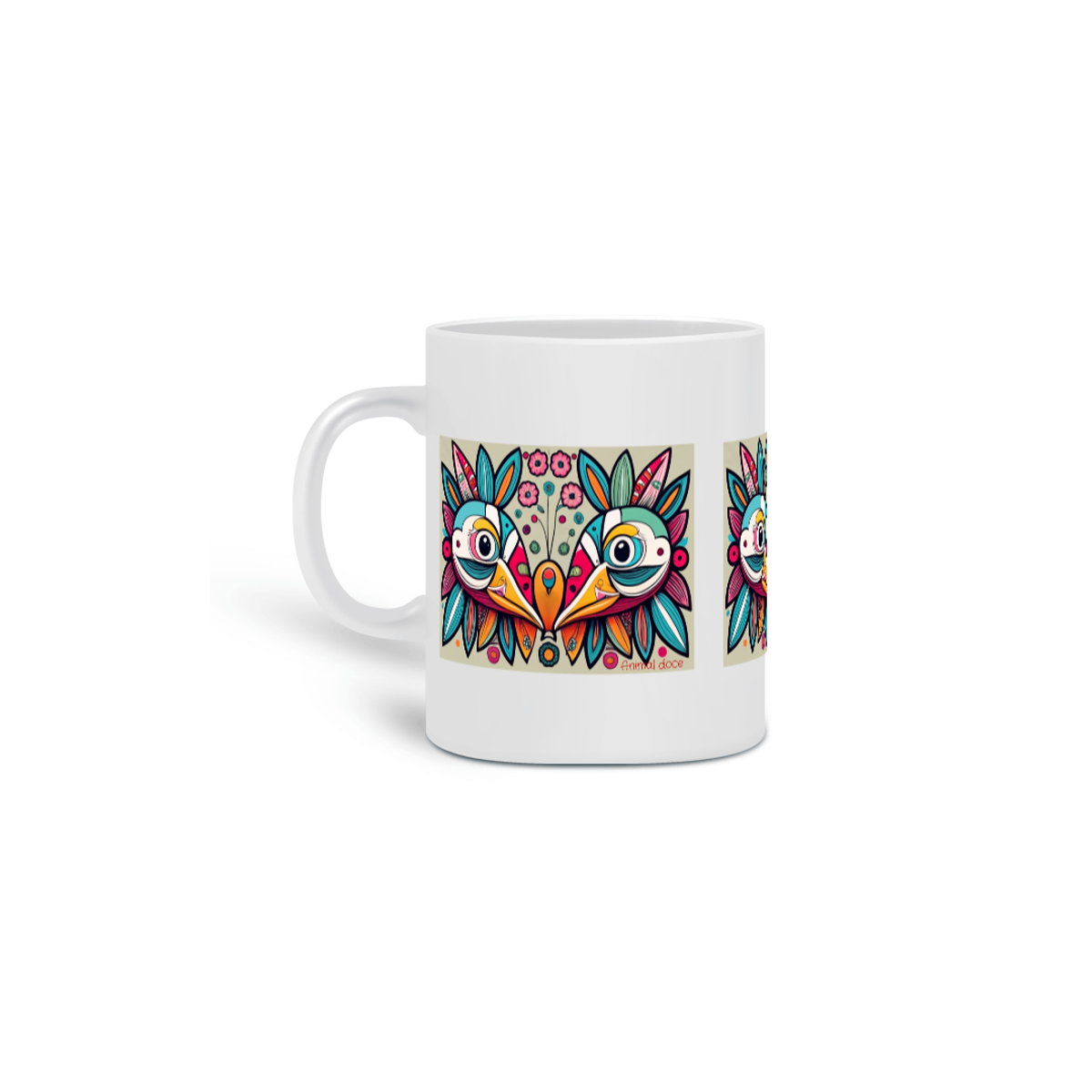 Nome do produto: CANECA PERSONALIZADA CRIATIVA EM CERÂMICA 325ML 03 LADOS, COLORFUL BIRDS