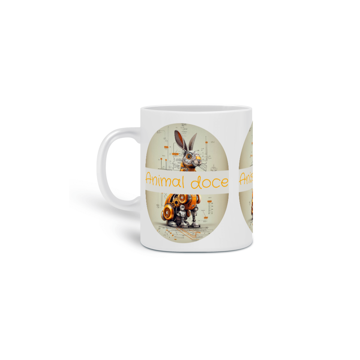 Nome do produto: CANECA PERSONALIZADA CRIATIVA EM CERÂMICA 325ML 03 LADOS, ROBOTIC RABBIT 