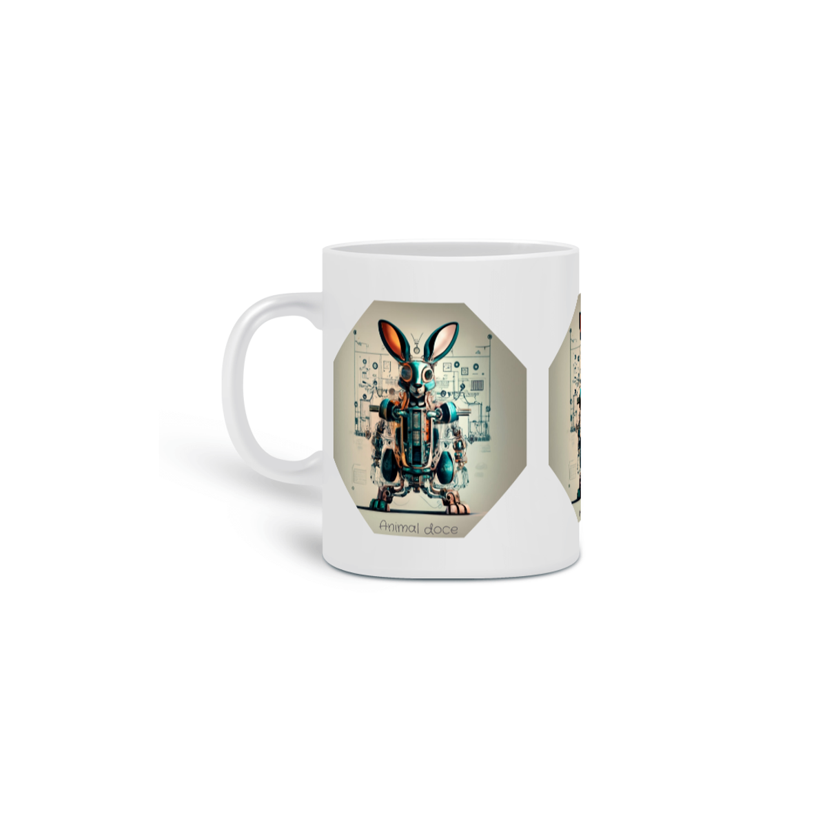 Nome do produto: CANECA PERSONALIZADA CRIATIVA EM CERÂMICA 325ML 03 LADOS, ROBOTIC RABBIT