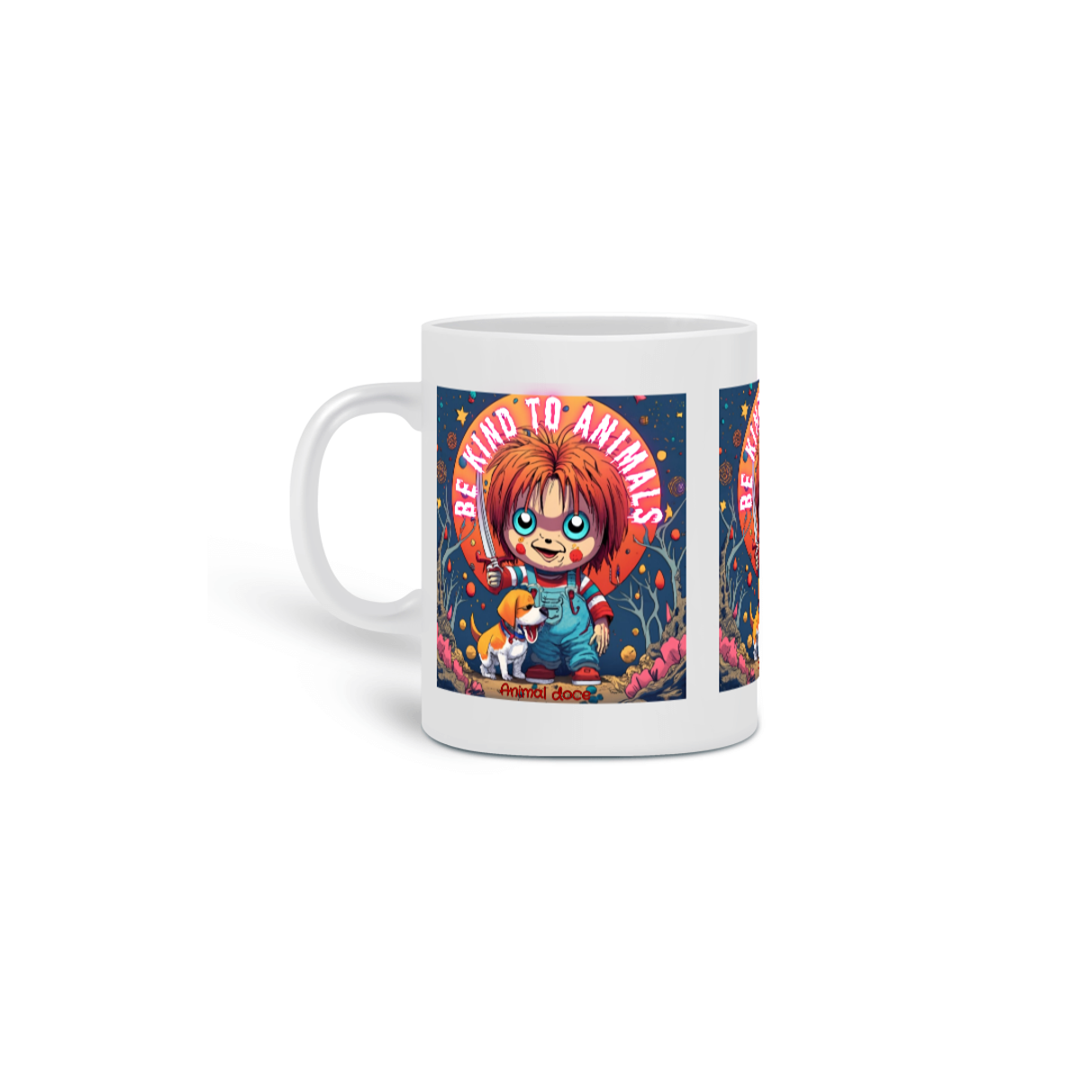 Nome do produto: CANECA PERSONALIZADA CRIATIVA EM CERÂMICA 325ML 03 LADOS  DOG, CHUCKY BE KIND 