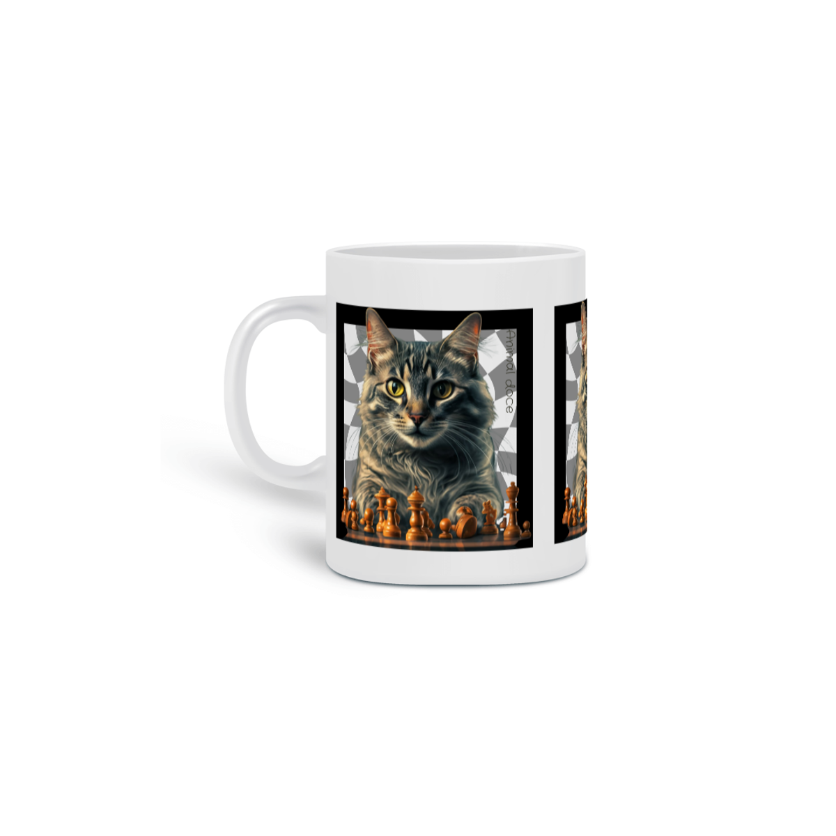 Nome do produto: CANECA PERSONALIZADA CRIATIVA EM CERÂMICA 325ML 03 LADOS, CAT PLAYING CHESS