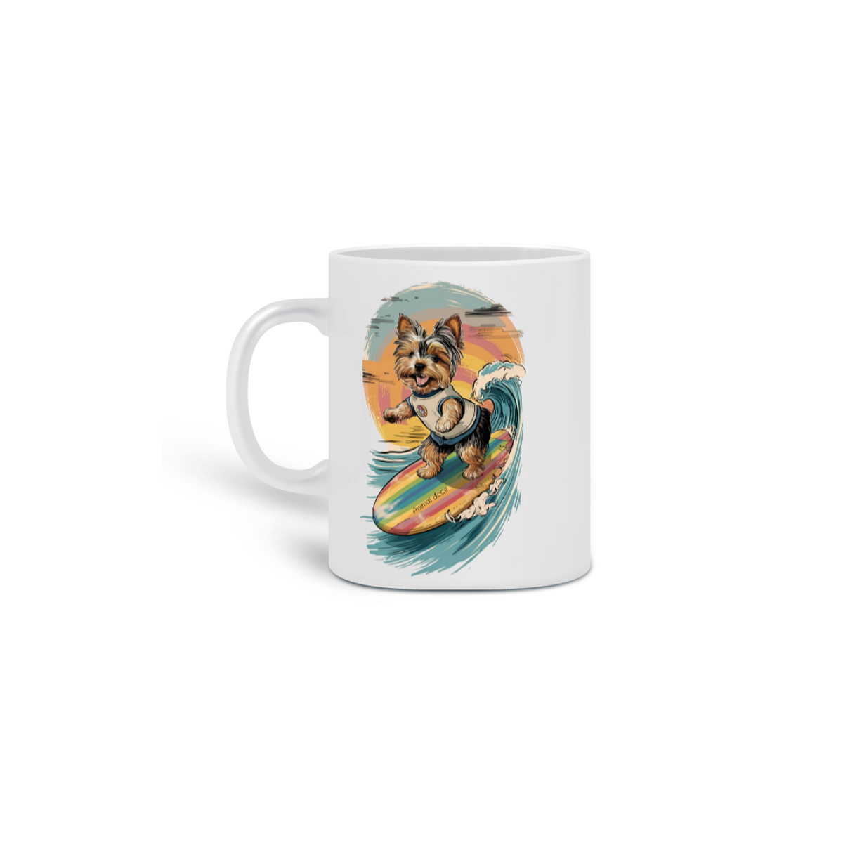 Nome do produto:  CANECA PERSONALIZADA CRIATIVA EM CERÂMICA, 325ML C/02 LADOS, DOG YORKSHIRE TERRIER SURF