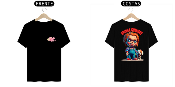 CAMISETA T-SHIRT PRIME FRENTE E COSTAS DOG, LINHA FILME CHUCKY BRINCA COMIGO