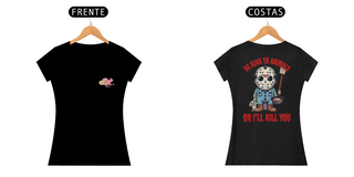 Nome do produtoCAMISETA BABY LONG CLASSIC FRENTE E COSTAS, LINHA FILME JASON BE KIND TO ANIMALS, SEXTA FEIRA 13