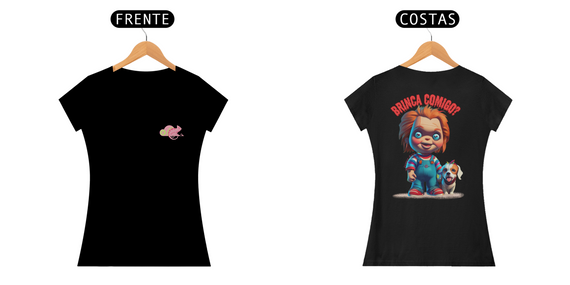 CAMISETA BABY LONG PRIME DOG FRENTE E COSTAS LINHA FILME CHUCKY BRINCA COMIGO