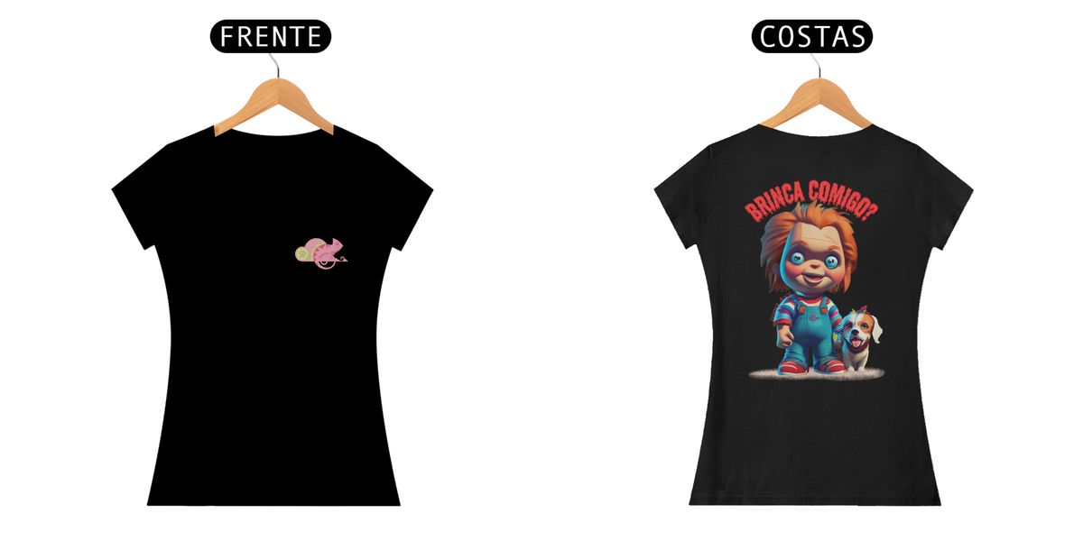 Nome do produto: CAMISETA BABY LONG QUALITY DOG FRENTE E COSTAS, LINHA FILME CHUCKY BRINCA COMIGO