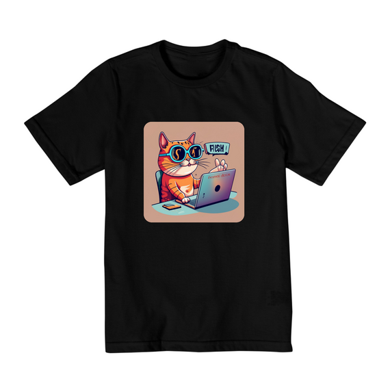 CAMISETA QUALITY INFANTIL, CAT GEEK ON THE COMPUTER-10 A 14 ANOS