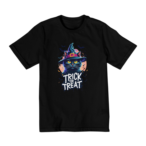 CAMISETA QUALITY INFANTIL, BLACK CAT HALLOWEEN TRICK OR TREAT--10 A 14 ANOS