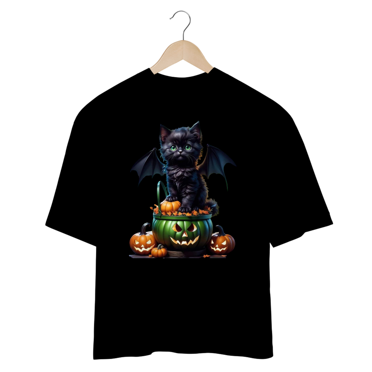 Nome do produto: CAMISETA OVERSIZED, CAT MORCEGO HALLOWEEN