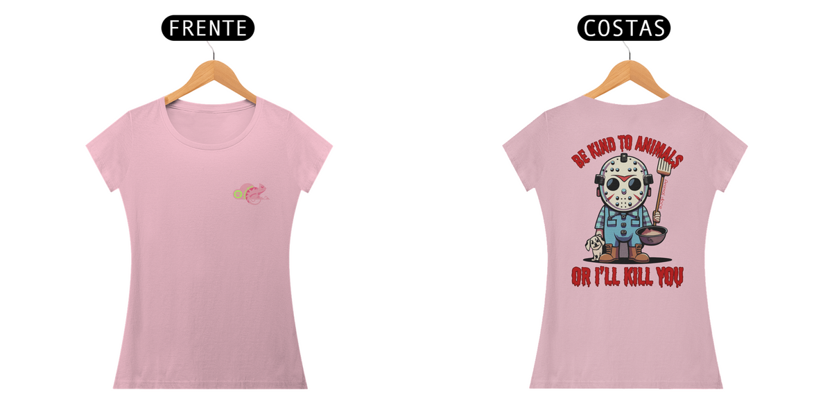 Nome do produto: CAMISETA BABY LONG CLASSIC FRENTE E COSTAS, LINHA FILME JASON BE KIND TO ANIMALS, SEXTA FEIRA 13