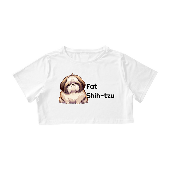 Camiseta Cropped - Fat Shih-tzu - Branca - Modelo 1