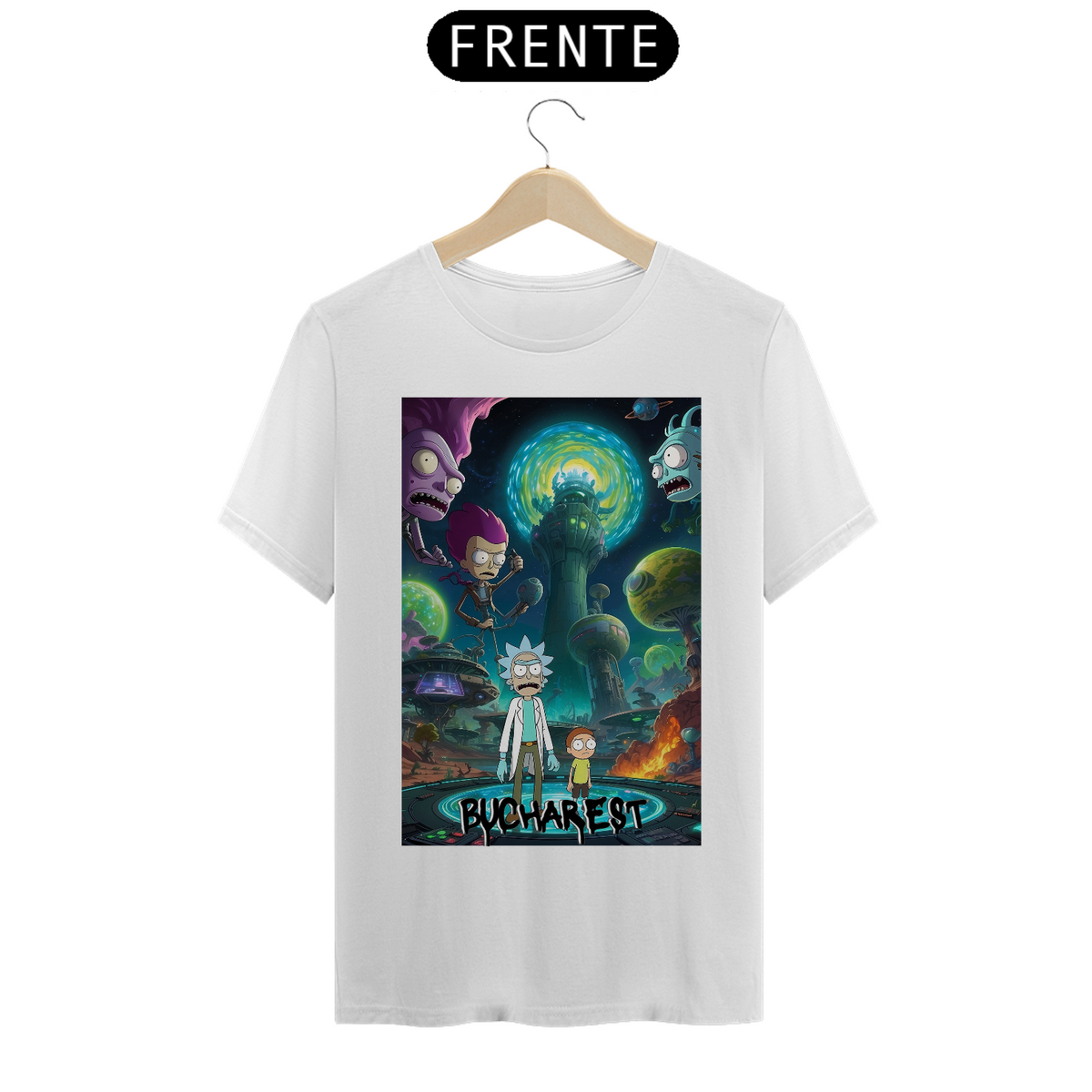 Nome do produto: CAMISETA UNISSEX - Rick and Morty facing off against formid...
