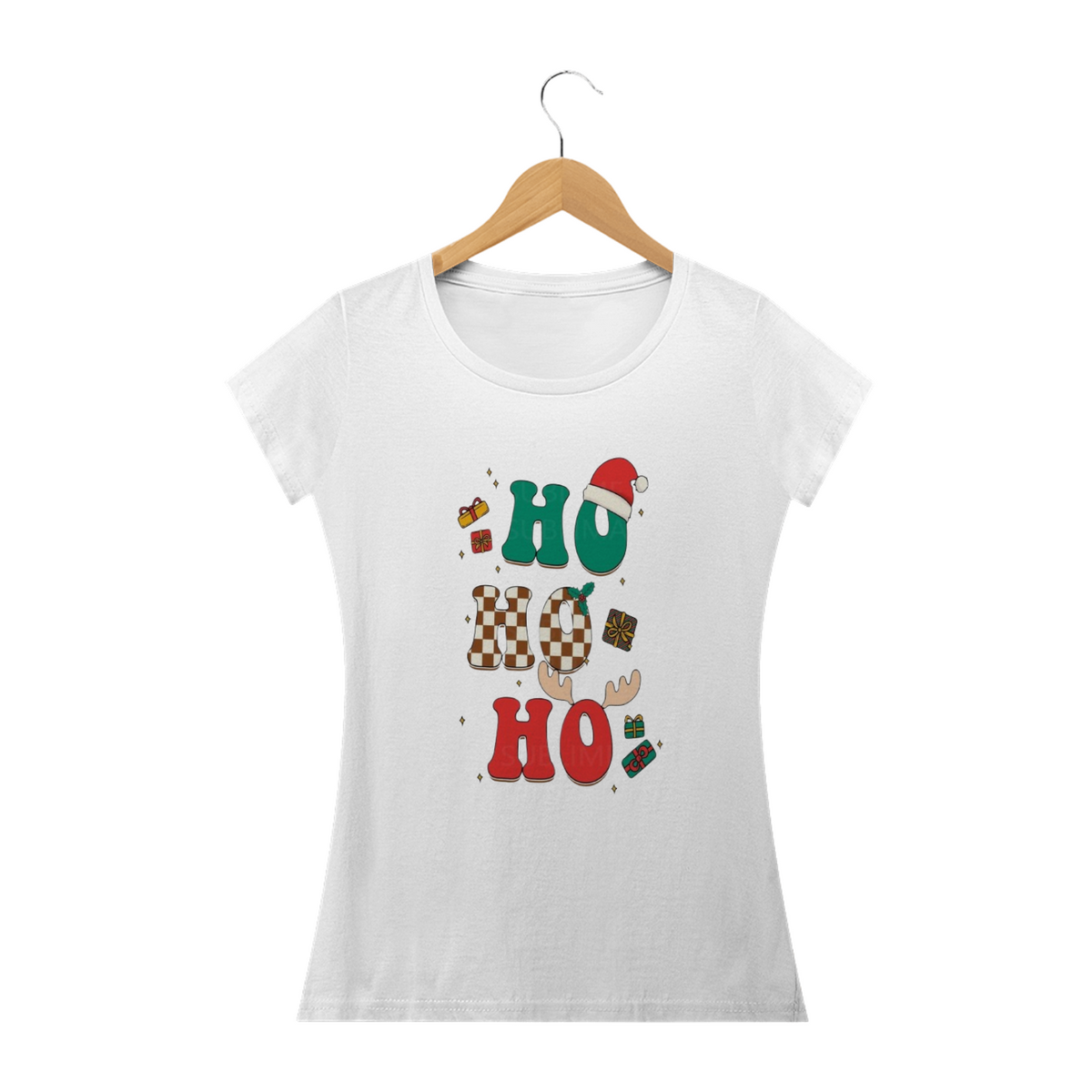 Nome do produto: Camiseta Feminina Natal - Ho Ho Ho