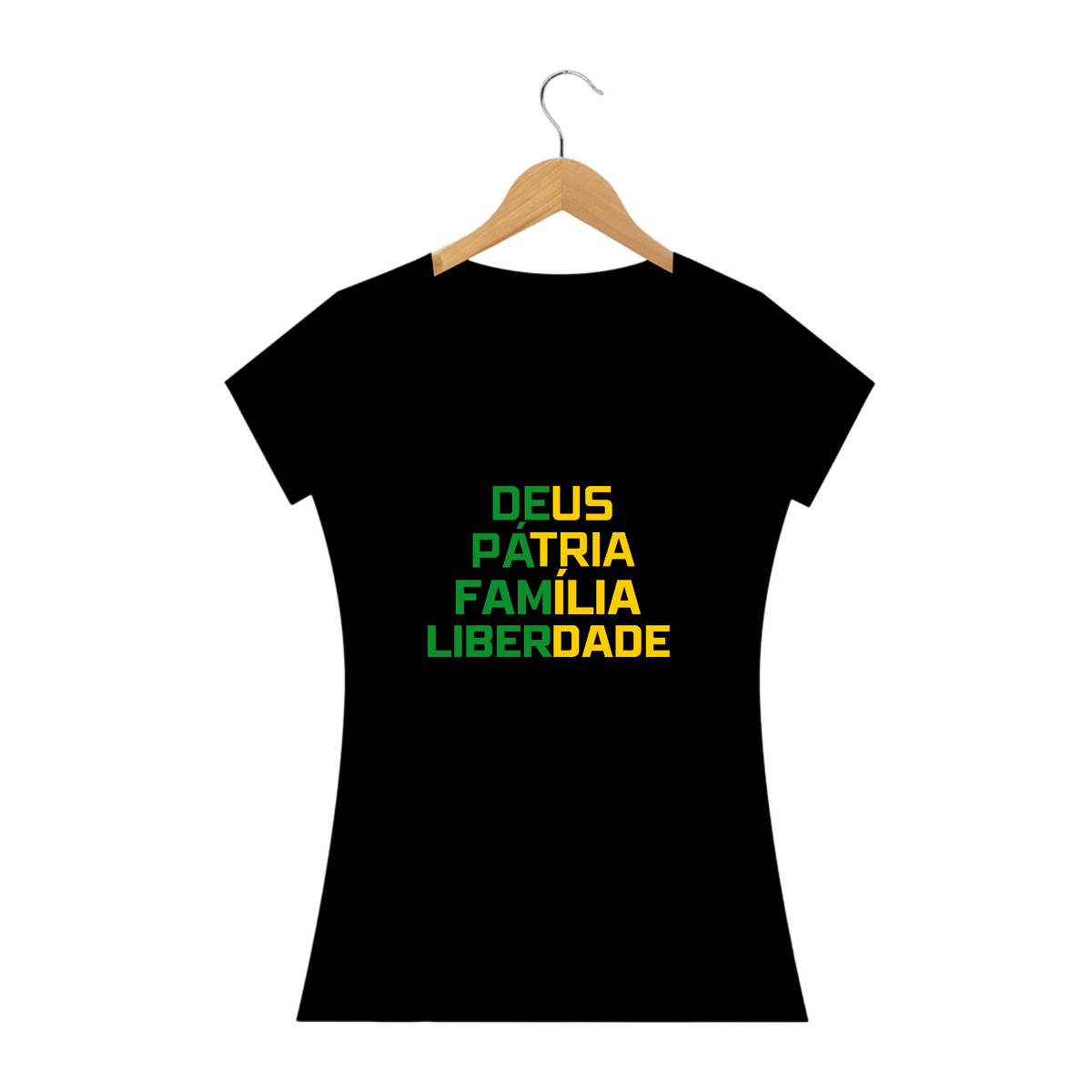 Nome do produto: Camiseta Feminina Deus, Pátria, Família, Liberdade