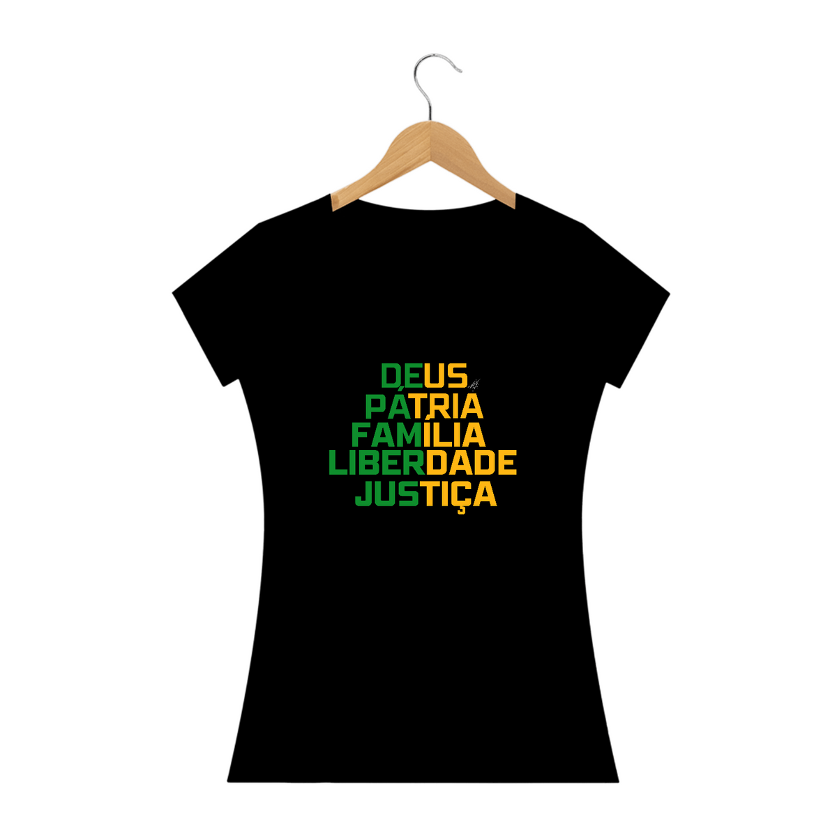 Nome do produto: Camiseta Feminina Preta - Frase Patriota - com assinatura Roberta Brasil