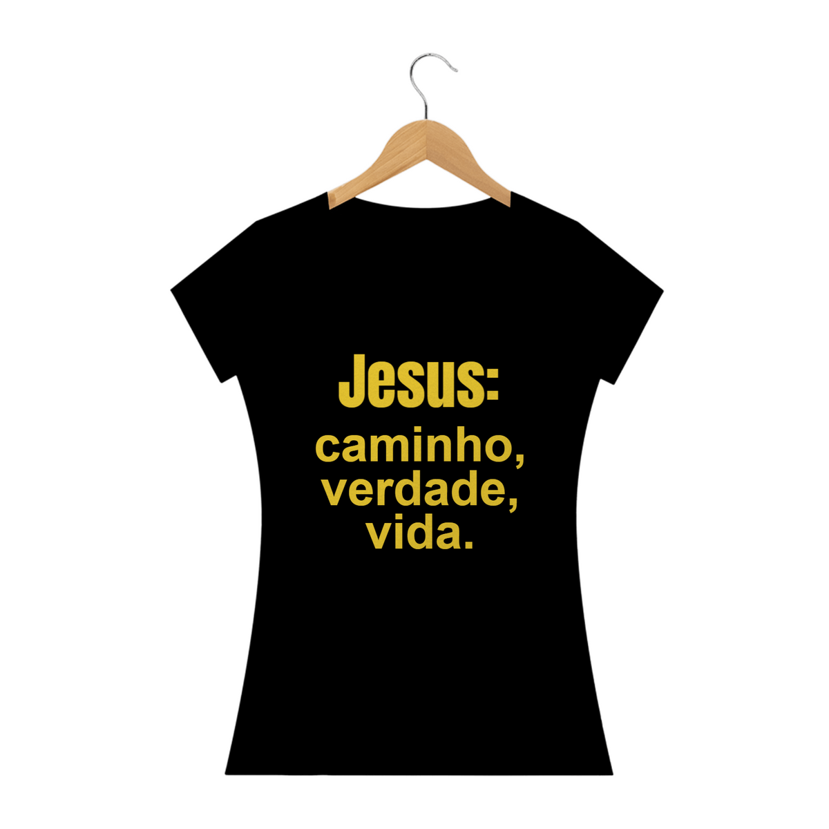 Nome do produto: Camisa baby long classic letra amarela Jesus caminho verdade vida