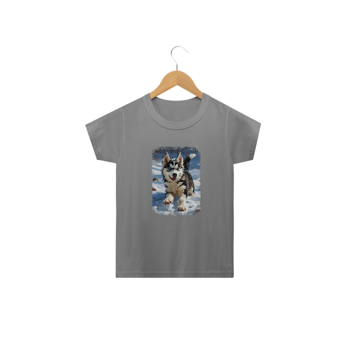 Nome do produto: Camiseta Infantil Husky Siberiano Correndo na Neve