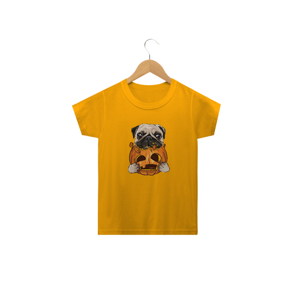 Camiseta Infantil Pug Comendo uma Abóbora