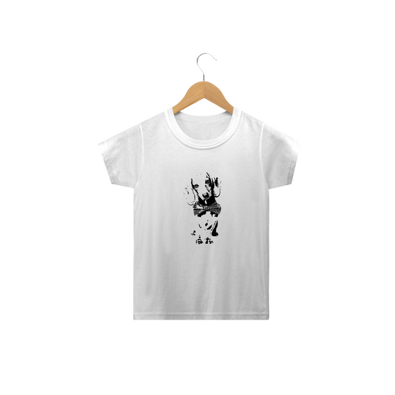 Camiseta Infantil Dachshund de Gravatinha em Preto e Branco