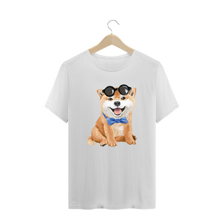 Nome do produtoCamiseta Plus Size Akita Filhote de Óculos e Gravatinha