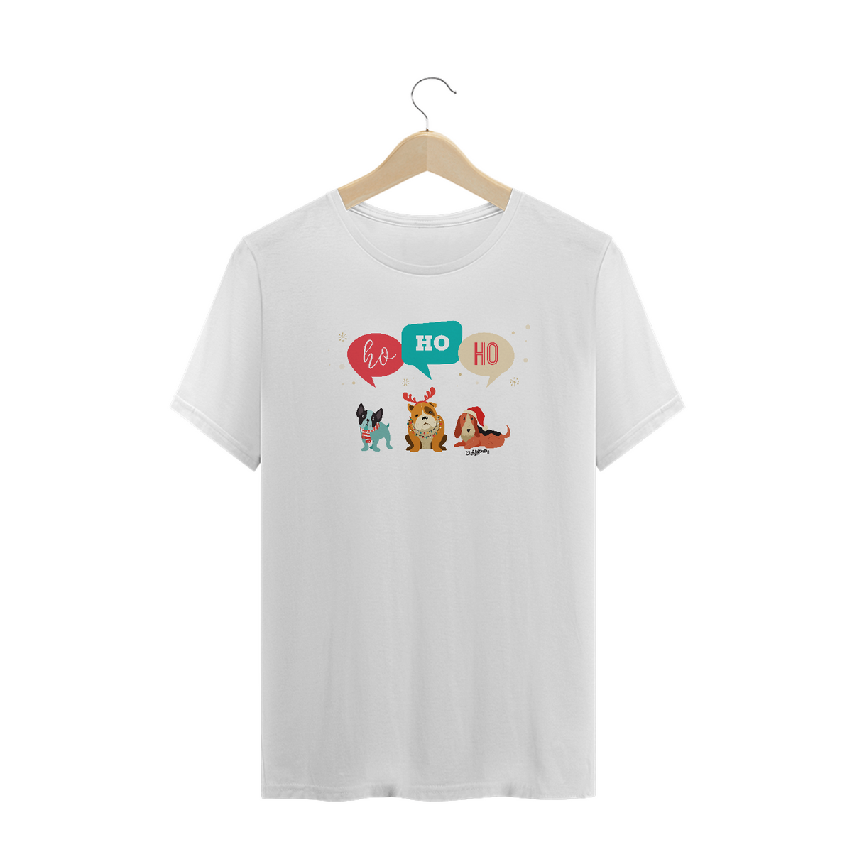 Nome do produto: Camiseta Plus Size Cachorro Natal Ho Ho Ho
