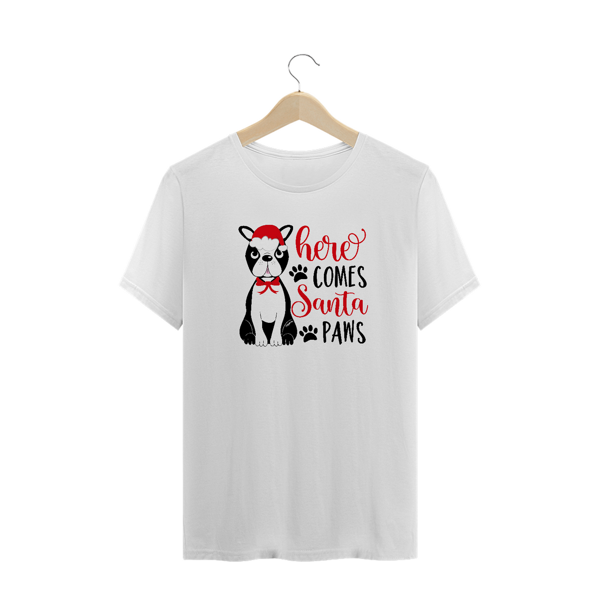 Nome do produto: Camiseta Plus Size Natal - Here Comes Santa Paws