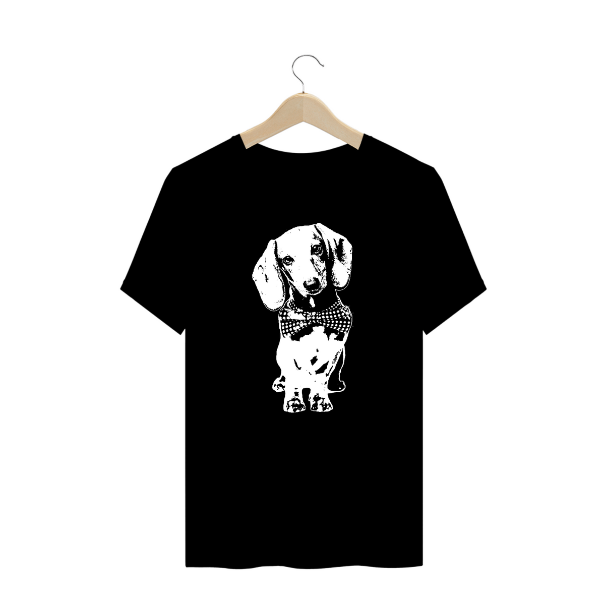 Nome do produto: Camiseta Plus Size Dachshund de Gravatinha em Preto e Branco