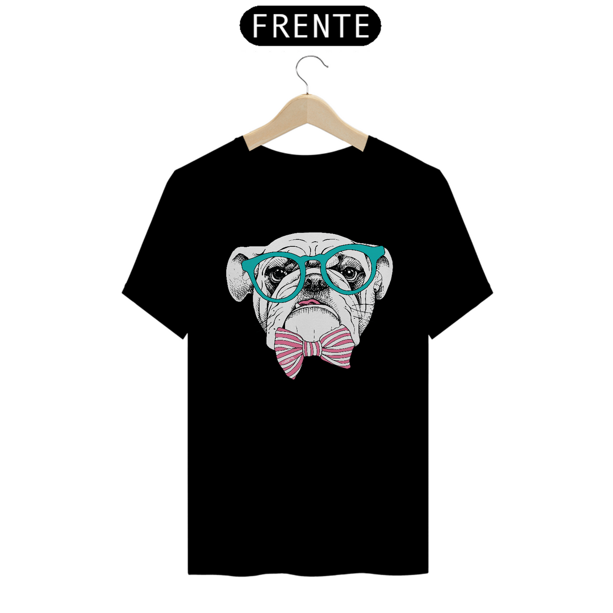 Nome do produto: Camiseta Bulldog Inglês de Óculos e Gravatinha