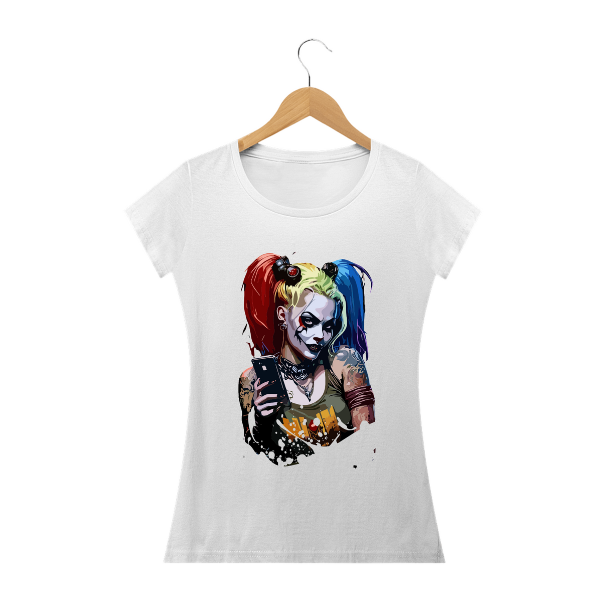 Nome do produto: ARLEQUINA CELULAR - Camiseta Feminina Personalizada com Estampa Geek